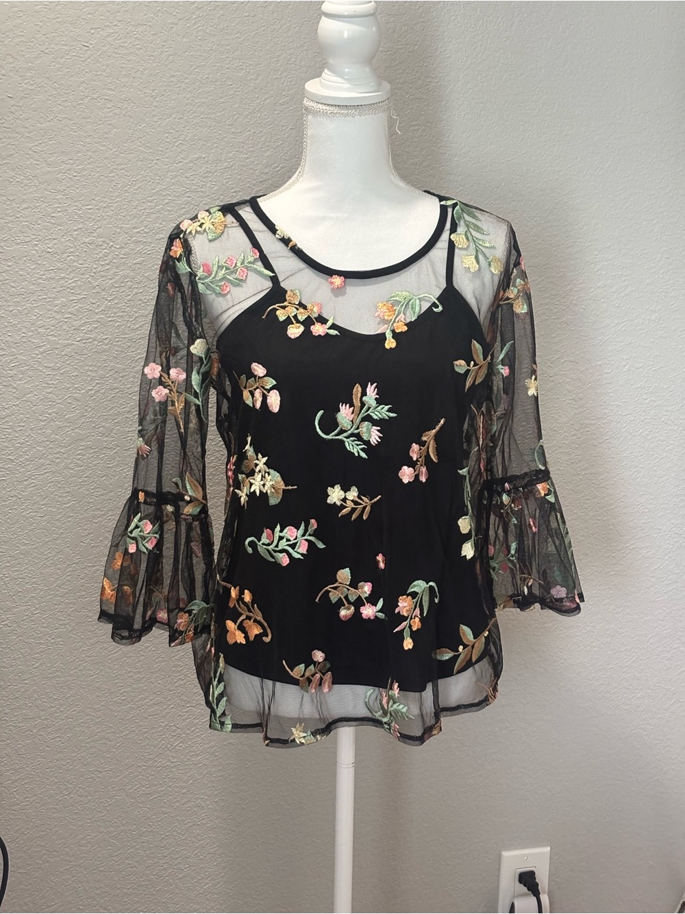 Solitaire Black Sheer Floral Embroidered Top With Bell Sleeves